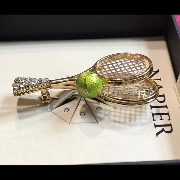 New in Box Gorgeous Napier Gold-Tone Crystal Tennis Racket Pin - Picture 4 of 6